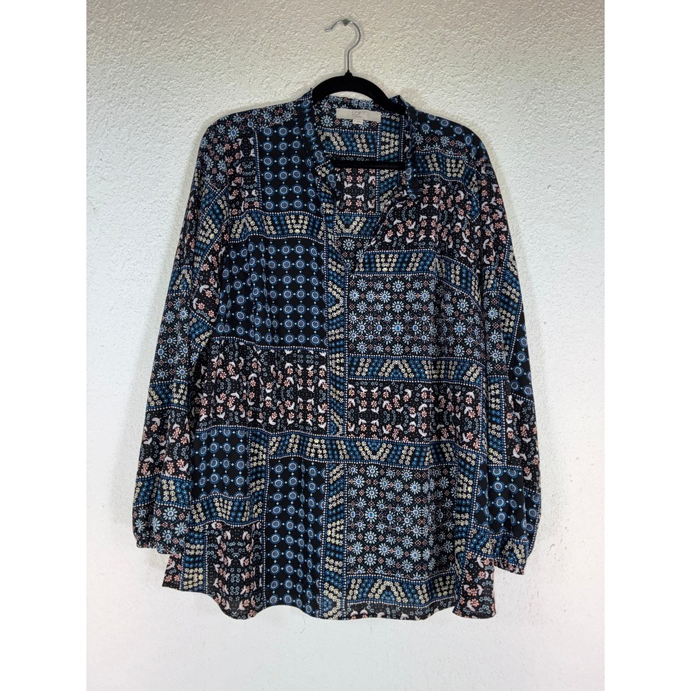 Loft Plus Womens 16 Blouse Patchwork Floral Geometric Split Neck Blue Black Top